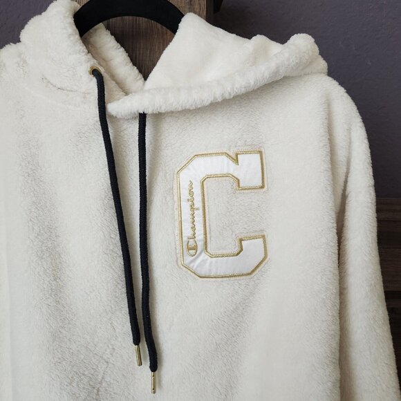Champion Super Fleece Faux Fur Cropped Pullover Hoodie Small Gold‎ Fuzzy - Picture 4 of 13